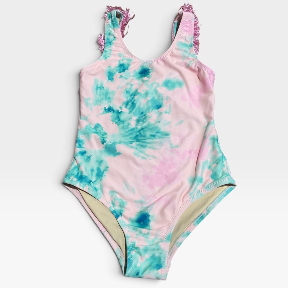 Shade Critters Swimsuit Kids Size 6 Pink Turquoise Excellent Tie Dye Fringe